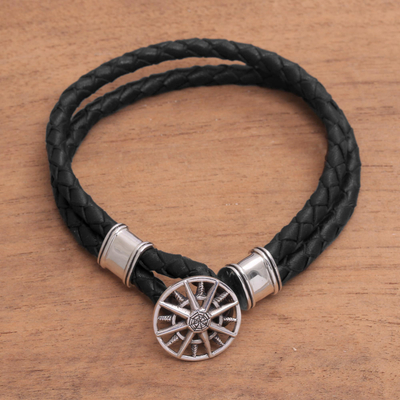 Sterling silver and leather bracelet, 'True North in Black' - Leather Braided Cord Bracelet with a Sterling Silver Compass