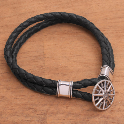 Armband aus Sterlingsilber und Leder - Lederarmband aus geflochtener Kordel mit Kompass aus Sterlingsilber