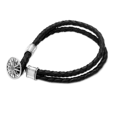 Sterling silver and leather bracelet, 'True North in Black' - Leather Braided Cord Bracelet with a Sterling Silver Compass