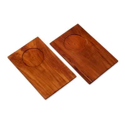 Bandejas de madera de teca, (par) - Bandejas de madera marrón claro hechas a mano de Indonesia (par)