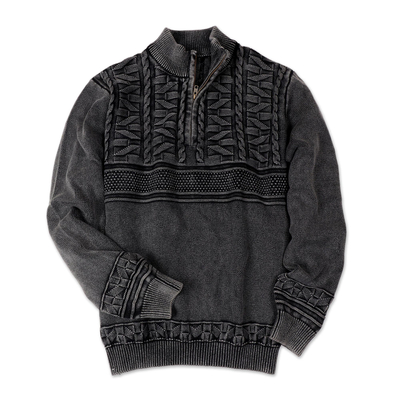 Men's cotton pullover sweater, 'Stylish in Charcoal' - Men's Stone Washed Cotton Pullover Sweater