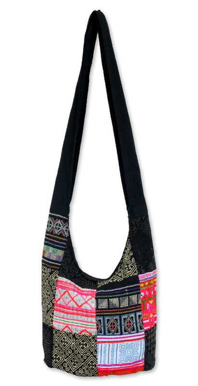 Cotton sling tote bag, 'Hmong Tradition' - Handcrafted Hill Tribe Patchwork Sling Bag