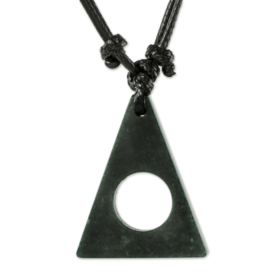 Unisex jade pendant necklace, 'Identity in Dark Green' - Handcrafted Dark Green Jade Triangle Necklace
