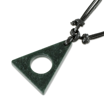 Unisex jade pendant necklace, 'Identity in Dark Green' - Handcrafted Dark Green Jade Triangle Necklace