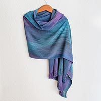 Rayon shawl, 'Blue Orchids' - Guatemalan Hand Woven Shawl in Blues and Orchids