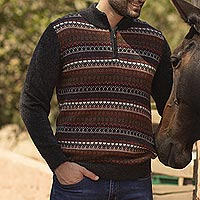 Men's 100% alpaca sweater, 'Archeology' - Men's Multi-Color Striped 100% Alpaca Pullover Sweater