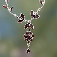 Garnet flower necklace, 'Love's Legacy' - Floral Jewelry Sterling Silver and Garnet Necklace