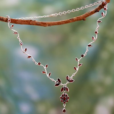 Garnet flower necklace, 'Love's Legacy' - Floral Jewelry Sterling Silver and Garnet Necklace