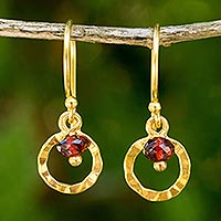 Gold plated garnet dangle earrings, 'Rustic Modern'