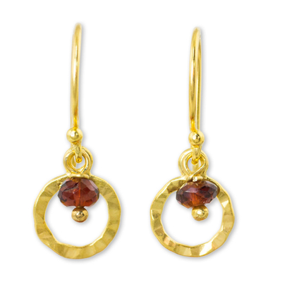 Gold plated garnet dangle earrings, 'Rustic Modern' - Gold Plated Sterling Silver Earrings with Garnet