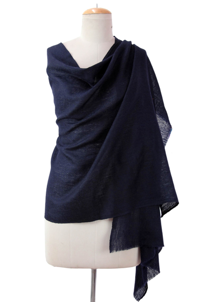Wool shawl, 'Midnight Panache' - Indian Midnight Blue Paisley Weave Wool Shawl for Women