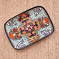 Ceramic serving plate, 'Radiant Flowers' - Mexican Talavera Style Floral Serving Platter