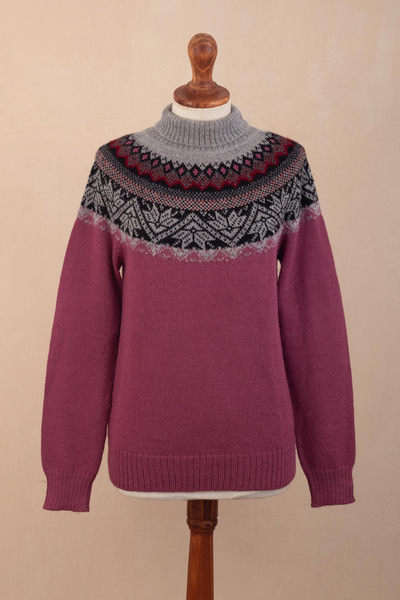 100% alpaca sweater, 'Mountain Snowflakes in Rose' - Turtleneck Sweater in 100% Alpaca