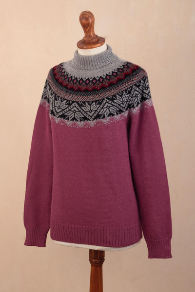 100% alpaca sweater, 'Mountain Snowflakes in Rose' - Turtleneck Sweater in 100% Alpaca