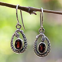 Garnet dangle earrings, 'Rainforest Goddess' - Fair Trade Sterling Silver and Garnet Snake Earrings