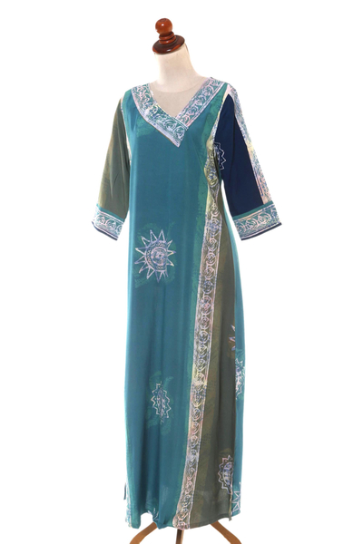 Batik rayon maxi dress, 'Vintage Teal Batik' - Hand-Printed Batik Rayon Maxi Dress