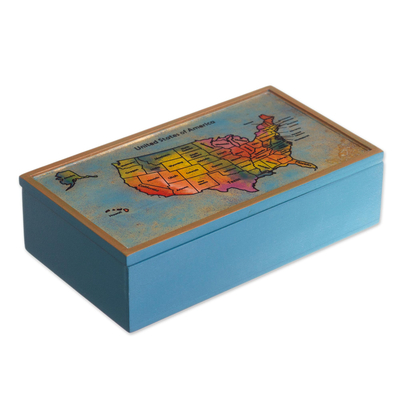 Caja decorativa de madera y vidrio pintado al revés - Caja decorativa mapa de EE.UU. UU. de vidrio pintado al revés de madera azul claro