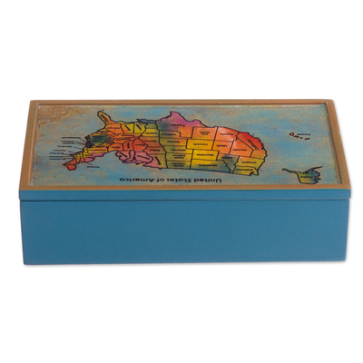 Reverse-painted glass and wood decorative box, 'National Pride' - Light Blue Wood Reverse-Painted Glass US Map Decorative Box
