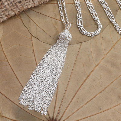 Sterling silver pendant necklace, 'Rah Rah' - Sterling Silver Tassel Pendant Necklace from Bali