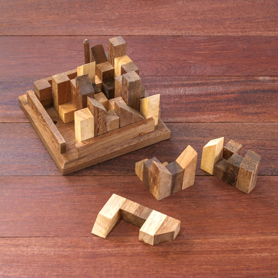 Wood puzzle, 'Happy City' - Handcrafted Wood City Puzzle from Thailand
