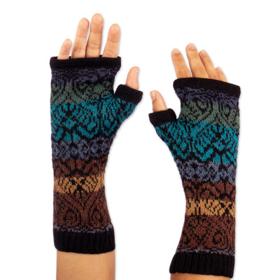 100% alpaca fingerless mitts, 'Earth and Sky' - Inca Inspired Alpaca Knit Fingerless Mitts