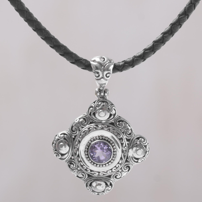 Amethyst pendant necklace, 'Candi Flower' - Amethyst and 925 Sterling Silver Pendant Necklace from Bali