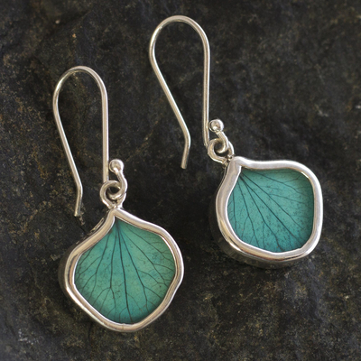 Natural leaf dangle earrings, 'Turquoise Leaf Drops' - Andean Handmade Sterling Silver Turquoise Leaf Earrings
