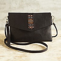 Leather sling bag, 'Mystic Black' - Versatile Leather Geometric Sling Bag from Peru