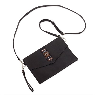 Leather sling bag, 'Mystic Black' - Versatile Leather Geometric Sling Bag from Peru