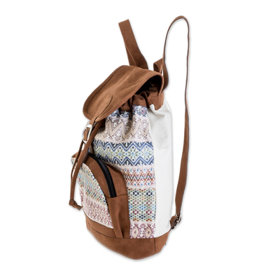Cotton backpack, 'Traditional Pastel' - Pastel Faux Suede-Accented Cotton Backpack from Guatemala