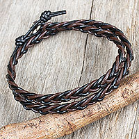 Silver accent leather wrap bracelet, 'Shadow Paths' - Hand Braided Silver Accent Brown and Black Leather Bracelet