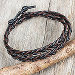Hand Braided Silver Accent Brown and Black Leather Bracelet, 'Shadow Paths'