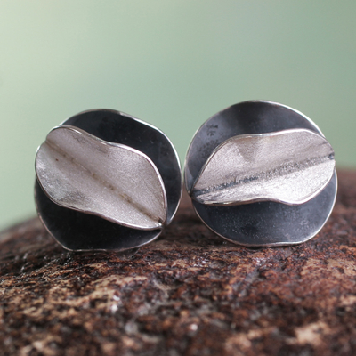 Sterling silver button earrings, 'Dark Petals' - Andean Sterling Silver Artisan Crafted Button Earrings
