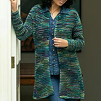 Alpaca blend cardigan sweater, 'Teal Fiesta' - Multi-Hued Blue Button Down Cardigan Sweater from Peru