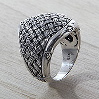Sterling silver cocktail ring, 'Jungle Bamboo' - Fair Trade Sterling Silver Ring with Woven Bamboo Look