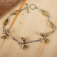 Amber link bracelet, 'Age-Old Dragonflies' - Dragonfly Amber Bracelet with Sterling Silver