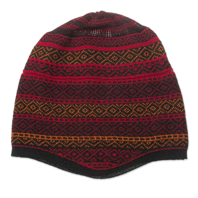 Alpaca blend knit hat, 'Diamond Warmth' - Red and Multicolored Alpaca Blend Knit Hat from Peru