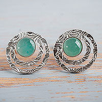 Opal button earrings, 'Green Vibrations' - Handcrafted Sterling Silver and Green Opal Button Earrings
