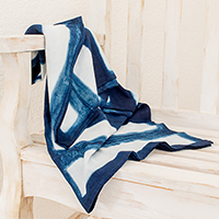 Tie-dyed cotton throw, 'Indigo Silhouettes' - Rectangle Motif Tie-Dyed Cotton Throw from Guatemala