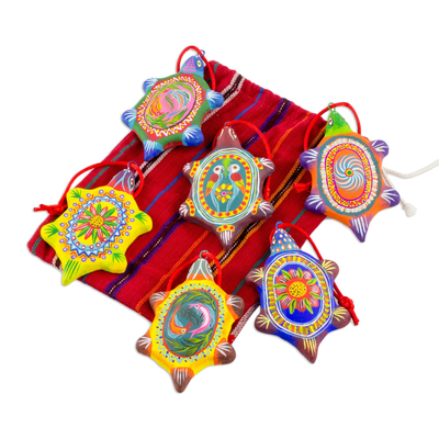 Ceramic ornaments, 'Tropical Turtles' (set of 6) - Handcrafted Guatemalan Ceramic Turtle Ornaments (Set of 6)