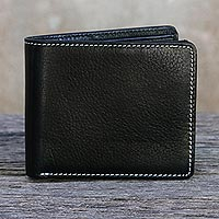 Men's leather wallet, 'Forever in Black' - Thai Fair Trade Genuine Leather Wallet for Men in Black