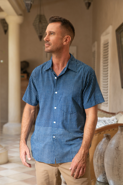 Men's block-printed cotton shirt, 'Handsome Stripes' - Men's Block-Printed Cotton Shirt Crafted in India