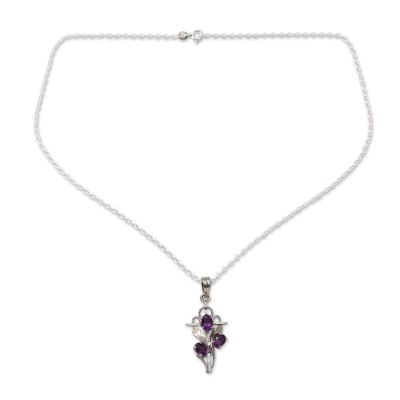 Amethyst cross pendant necklace, 'Holy Trinity' - Amethyst and Silver Cross Necklace with Rhodium Plating