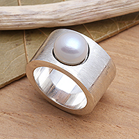 Cultured pearl band ring, 'Simplicity'
