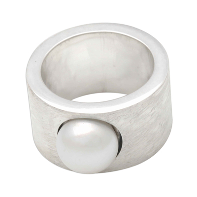 Cultured pearl band ring, 'Simplicity' - Handmade Sterling Silver and Pearl Band Ring