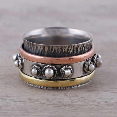 Copper and brass accented sterling silver spinner ring, 'Classic Bloom' - Handcrafted Sterling Silver Spinner Ring from India