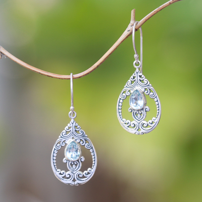 Blue topaz dangle earrings, 'Glittering Pear' - Faceted Pear Blue Topaz Dangle Earrings from Bali