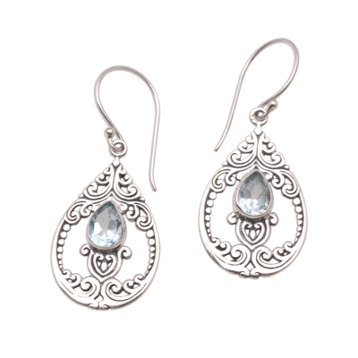 Blue topaz dangle earrings, 'Glittering Pear' - Faceted Pear Blue Topaz Dangle Earrings from Bali