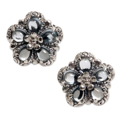 Blue topaz button earrings, 'Five-Petaled Flower' - Floral Blue Topaz Button Earrings from Bali