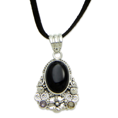 Onyx and amethyst flower necklace, 'Empress Garden' - Onyx Amethyst Citrine and Sterling Silver Necklace Jewelry
